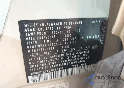 2012 Volkswagen Tiguan Se z USA, uszkodzony, nr VIN WVGBV7AX6CW585386